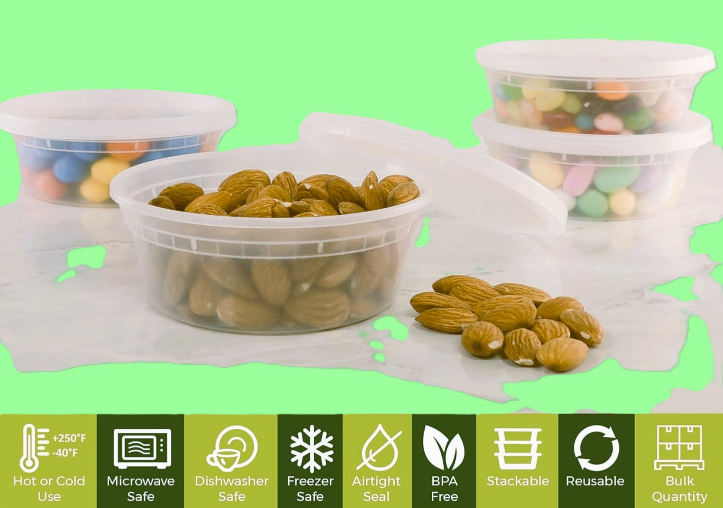 Ecox Heavy Duty 8 oz. Microwavable, Non Spill, Airtight Sealable Reusable Plastic Deli Container and Lid Combo Pack - 240/Case