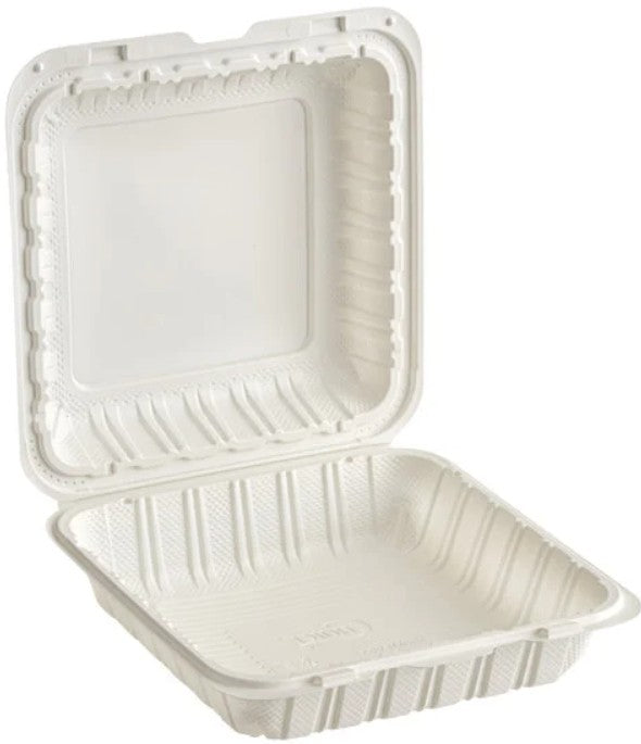 9" x 9" Mineral-Filled PP Hinged Food Containers 1-Compartment White 150/Case