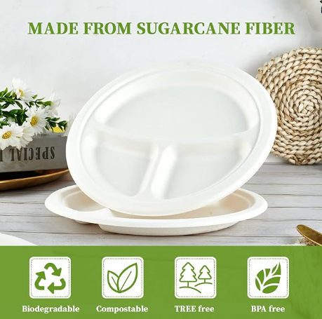 Ecox Compostable 9" Plate Round 3 Compartment - 500/Case