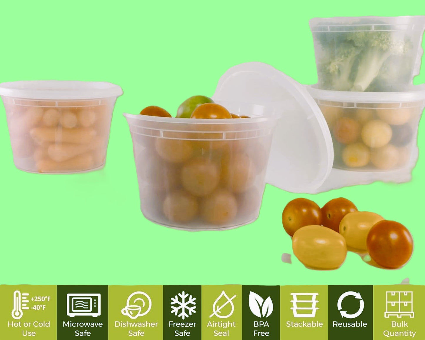 Ecox Heavy Duty 16 oz. Microwavable, Non Spill, Airtight Sealable Reusable Plastic Deli Container and Lid Combo Pack - 240/Case