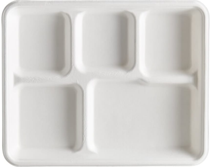 EcoX 10" x 8" Compostable White 5 Compartment Tray - 400/Case