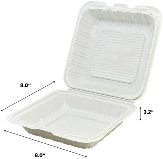 8" x 8" Mineral-Filled PP Hinged Food Containers 1-Compartment  White 150/Case