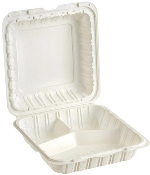 9" x 9" Mineral-Filled PP Hinged Food Containers 3-Compartment  White 150/Case