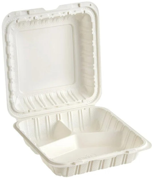 9" x 9" Mineral-Filled PP Hinged Food Containers 3-Compartment  White 150/Case